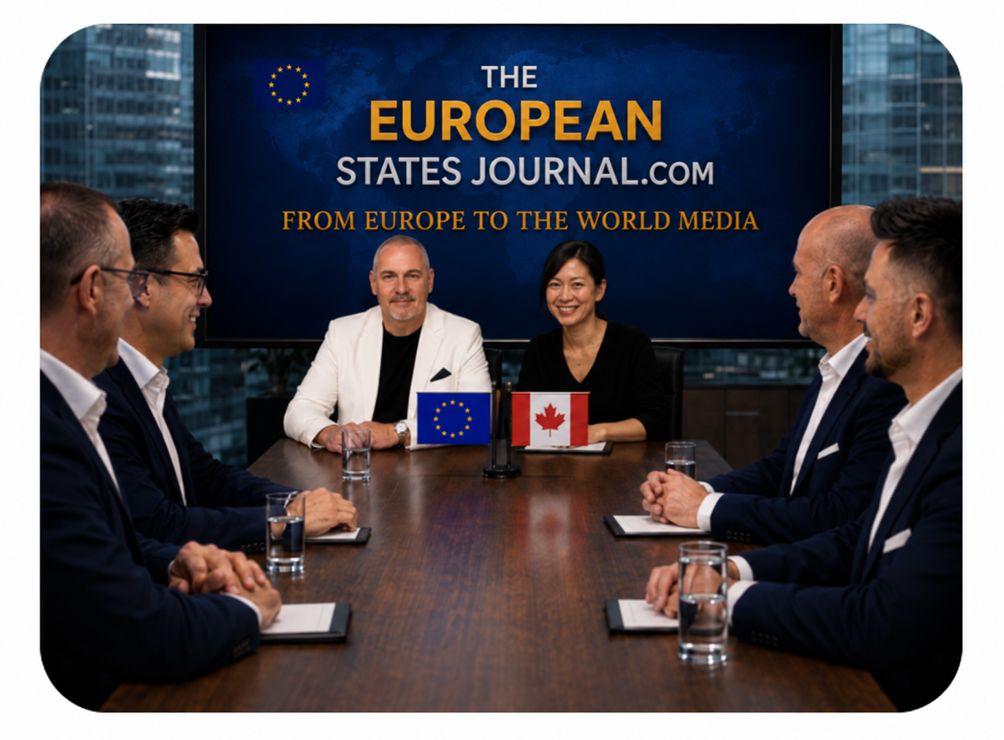 AI-generated illustration of a European and Canadian editorial meeting around a table.