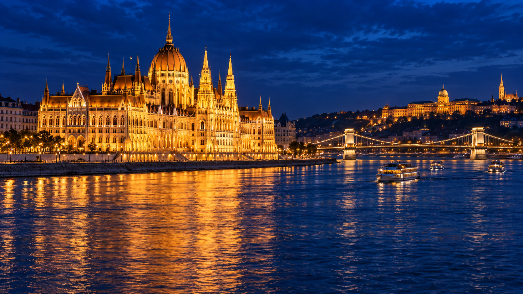 AI-generated view of Budapest illuminated along the Danube at night