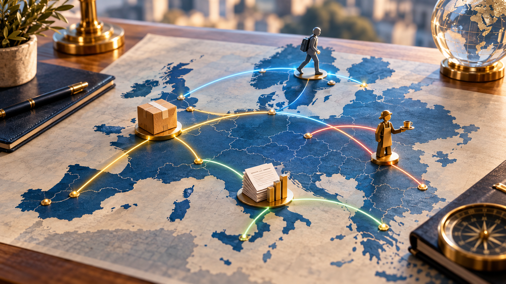 Conceptual illustration of the European single market: a map connecting parcels, people, services and capital.