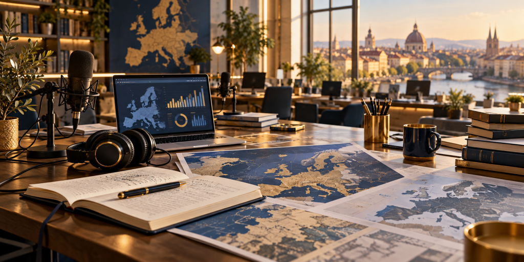 Editorial illustration created in 2026: a workspace with European maps, a computer and a microphone.