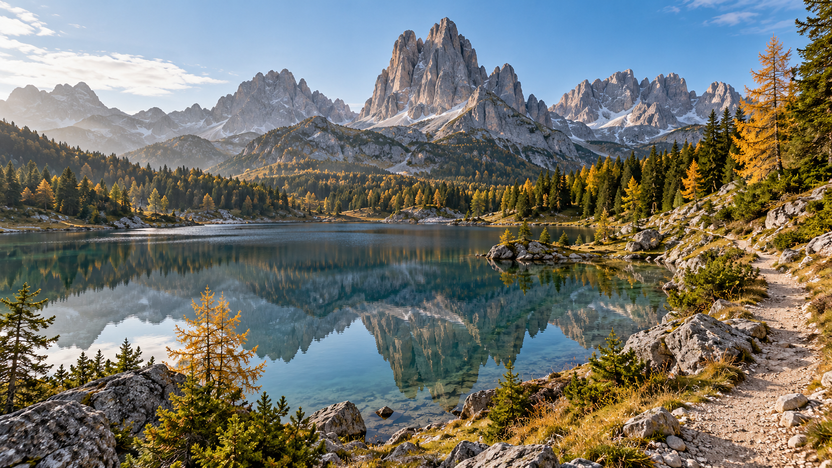 AI-generated illustration of alpine lake and mountains in the Italian Dolomites