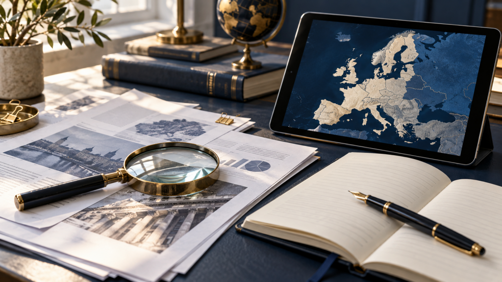Editorial illustration, 2026: documents, a magnifying glass and a map of Europe on a desk.