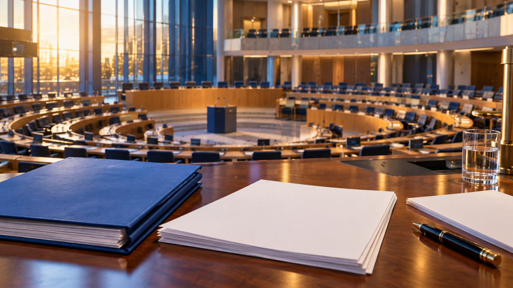 AI-generated illustration of a fictional deliberation room and legislative documents.
