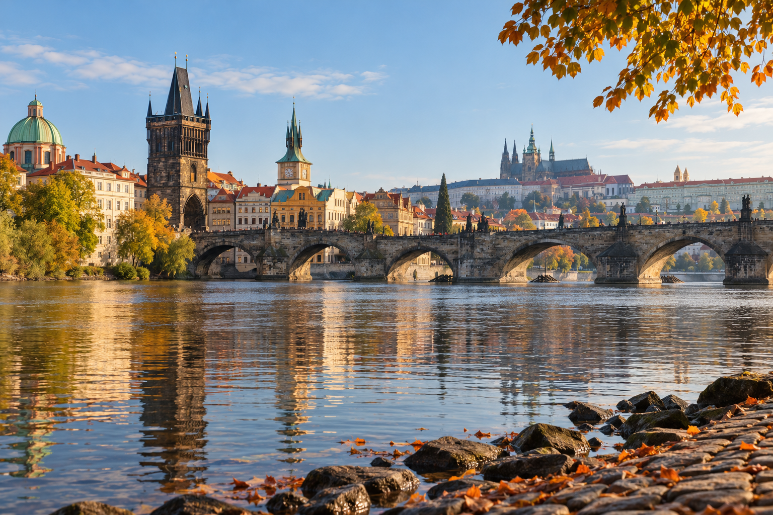 AI-generated illustration of Prague with Charles Bridge and the Vltava