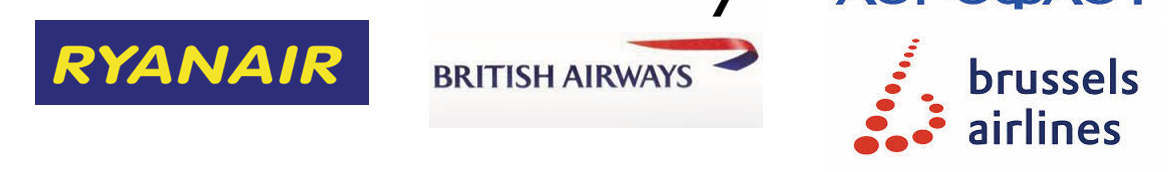 Ryanair, British Airways and Brussels Airlines logos