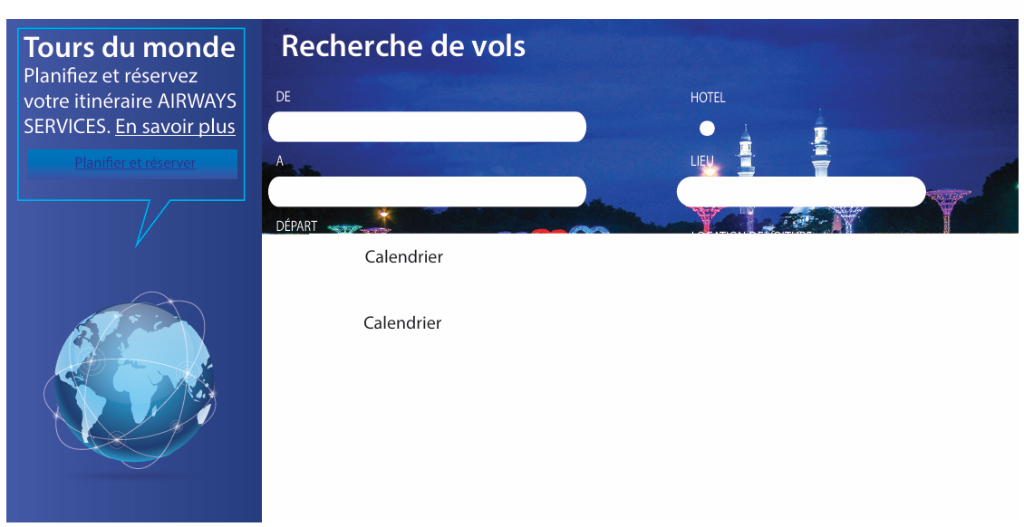 Preview of the flight and hotel search layout with a world globe