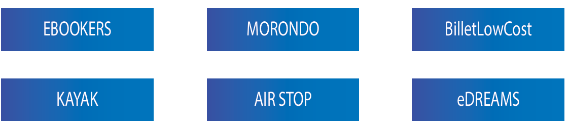 Travel comparison selection: Ebookers, Morondo, BilletLowCost, Kayak, Air Stop and eDreams